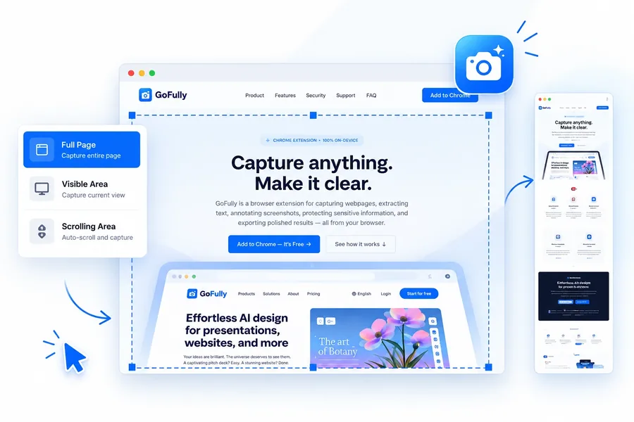 GoFully capture options showing full page, visible area, and scrolling area