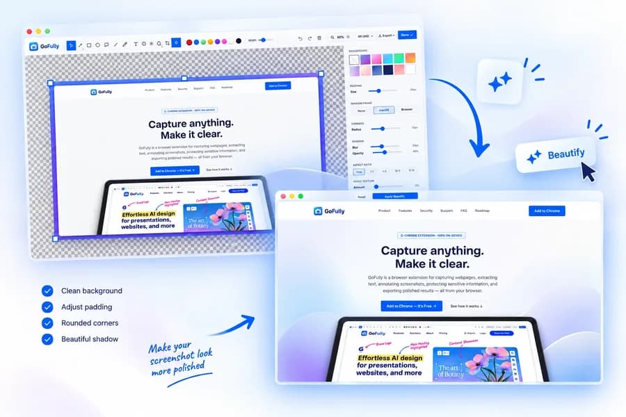 GoFully screenshot beautifier with customizable backgrounds, padding, shadows, and frame mockups